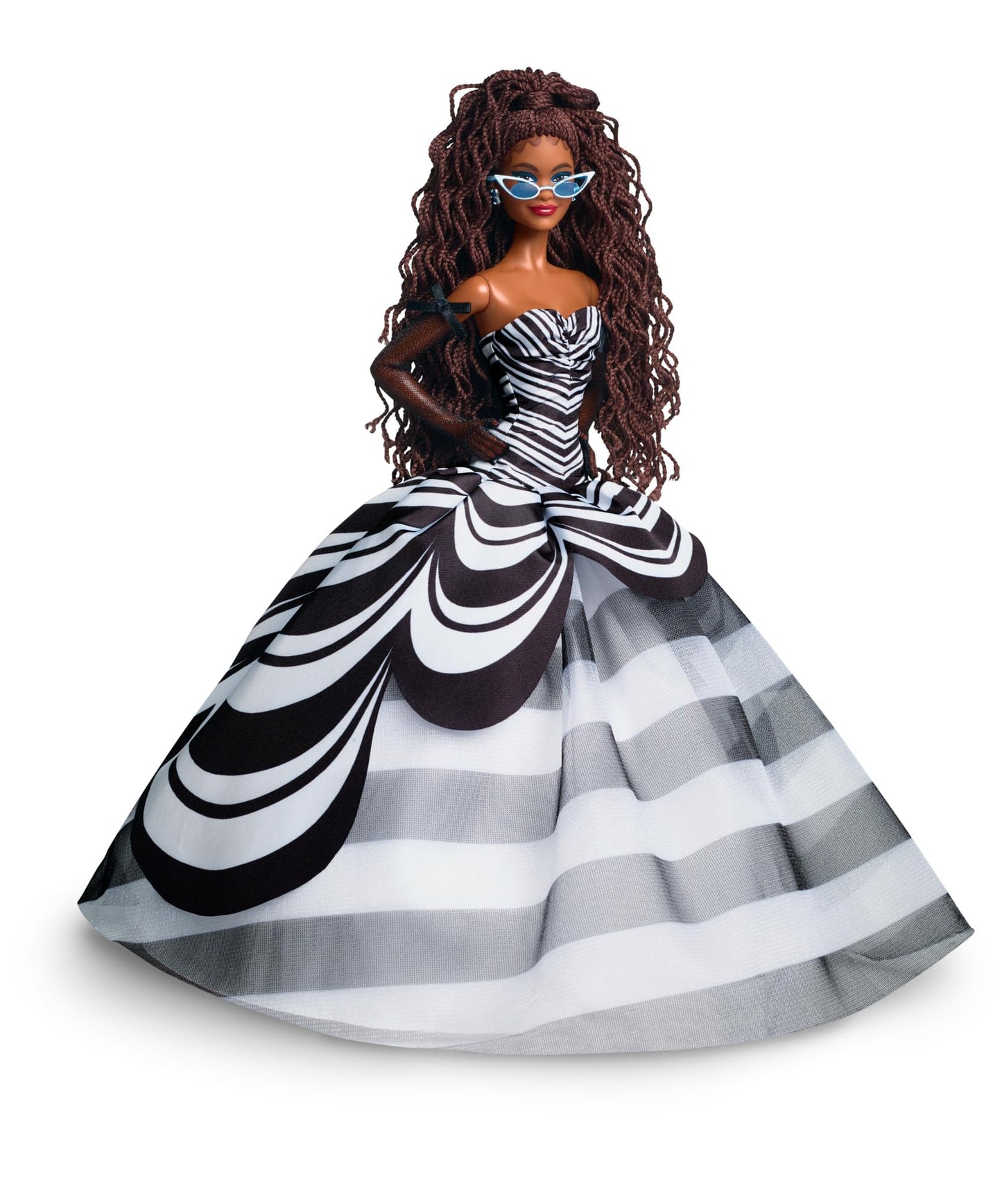 Barbie Signature - Păpușă, figură de colecție pentru 65 de ani, cu păr împletit brun, rochie alb-negru, cercei cu safir și ochelari de soare, HRM59