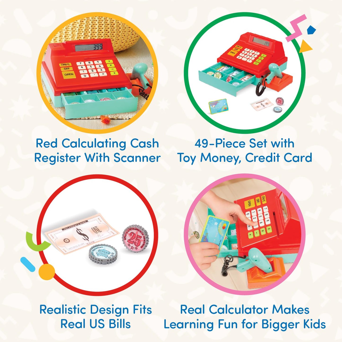 Casă de marcat pentru copii Battat cu scanner și sunet, jucărie de tip casă de marcat, casă de marcat electronică pentru supermarket cu calculator – cu accesorii pentru magazin, bani, card de credit, recomandată de la 3 ani (49 piese)
