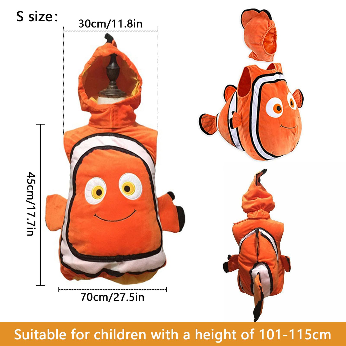Abhpjuy Salopetă costum Halloween pește clovn portocaliu 101-115 cm copii