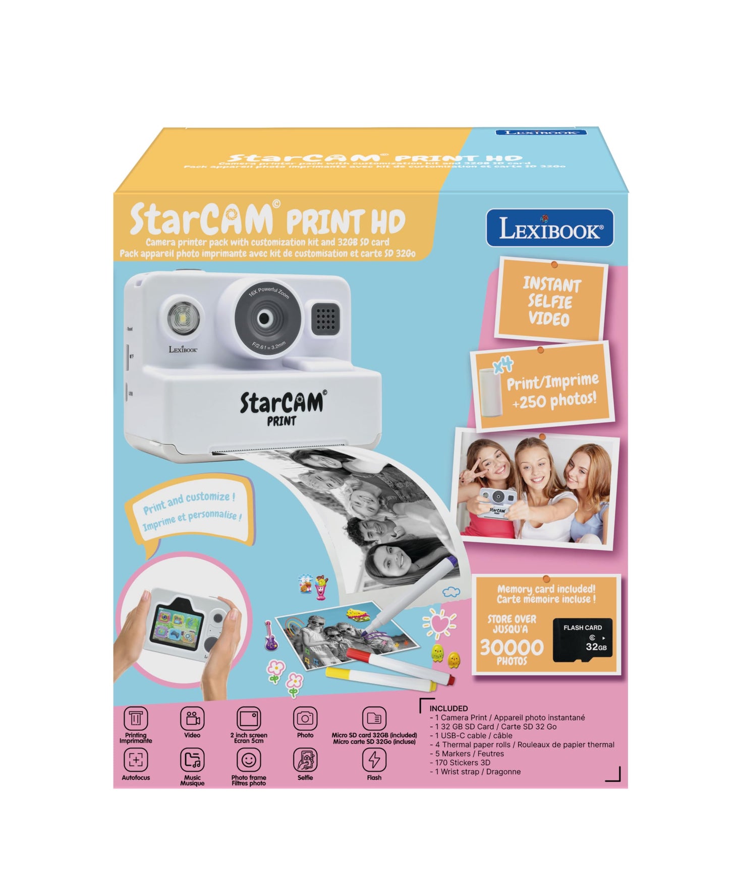 Cameră Lexibook DJ160 StarCAM Print HD cu imprimantă instant, foto, video, selfie, funcții muzicale și de joc, set de personalizare și card SD de 32GB, alb, dimensiune unică.