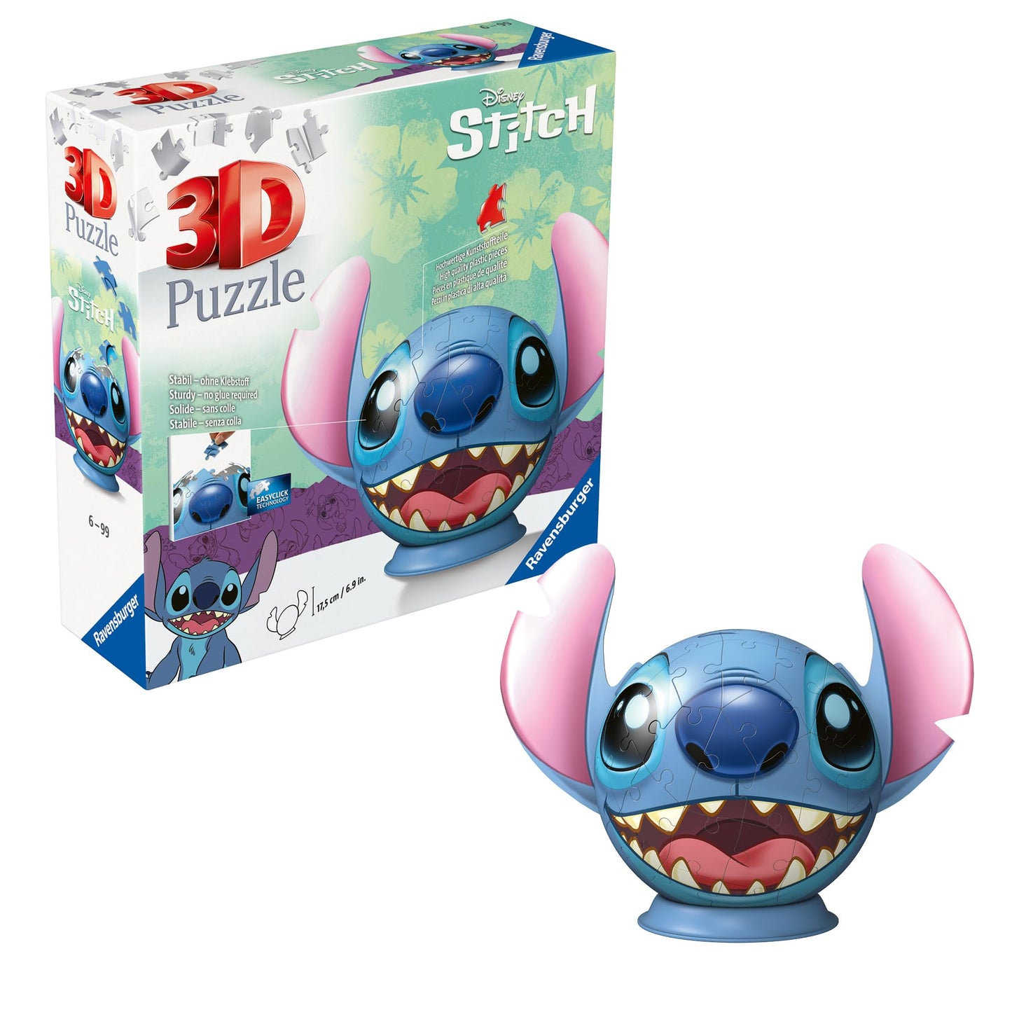 Puzzle 3D Ravensburger 11574 - Puzzle-Ball Stitch cu urechi - pentru fanii Stitch și Disney de la 6 ani, cadouri Stitch, puzzle Stitch