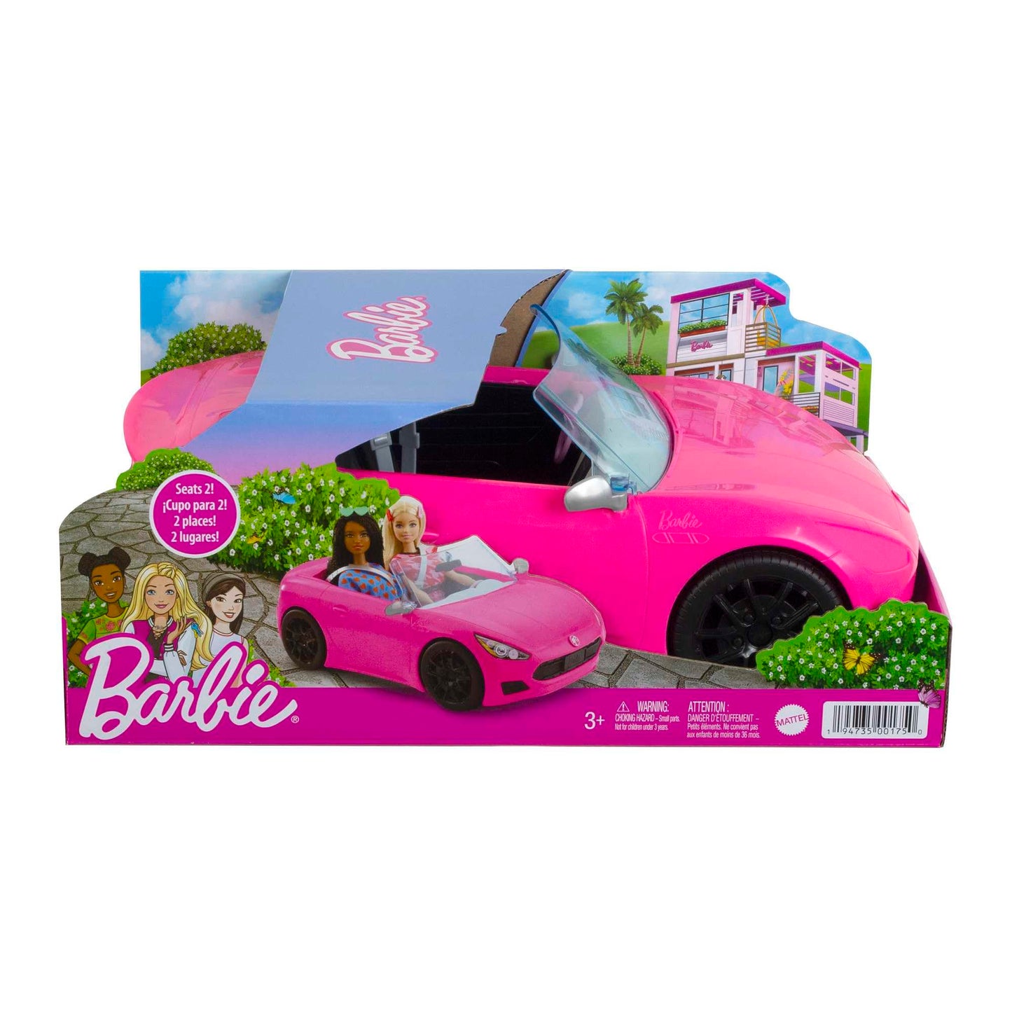 Barbie HBT92 - Mașină decapotabilă roz cu roți mobile și detalii realiste, 2 locuri, jucărie cadou pentru copii de la 3 ani.