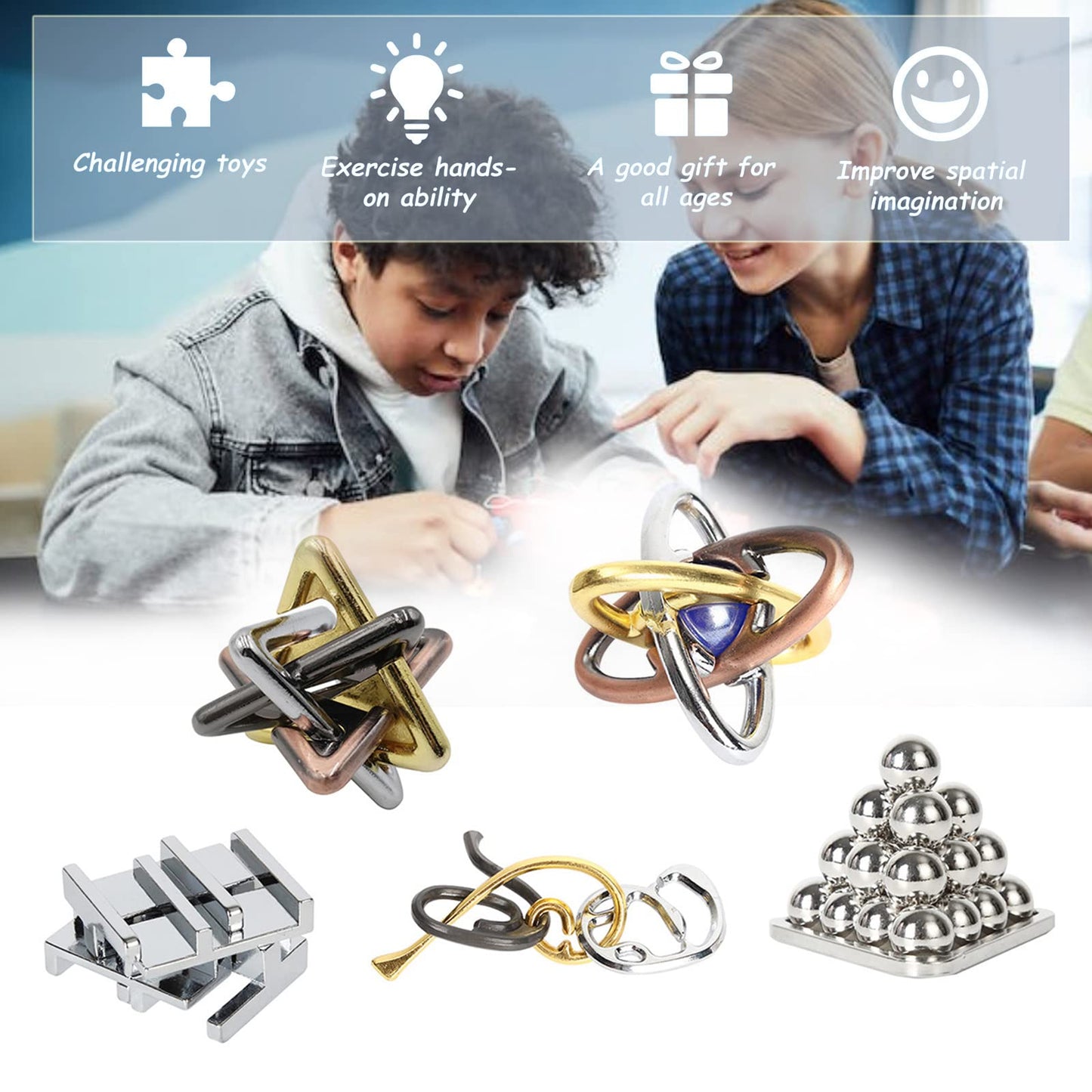 Holzsammlung Set de puzzle metalice IQ 5 piese jocuri de inteligență 3D pentru copii și adulți de la 3 ani