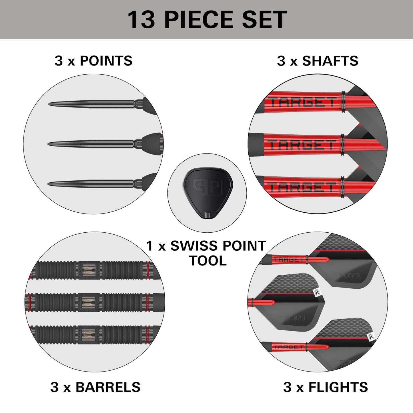 Set de Steeldarts Target Darts Scope Swiss Point, 90% Tungsten, 22G | Darts Profesionale Roșii și Negre, cu Swiss Points și Unelte