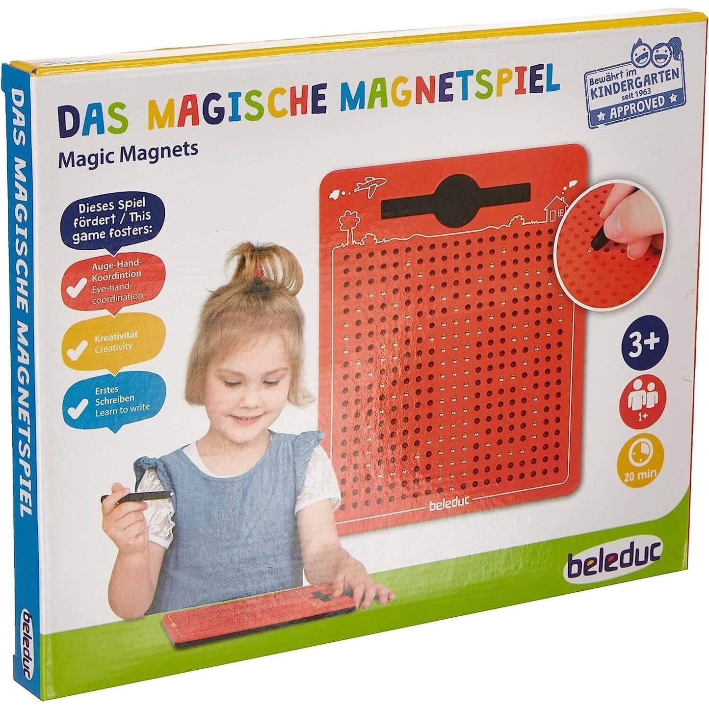 Beleduc 21091 - Jocul magic cu magneți, tablă magnetică de desen, portabilă, roșie, mică 175 x 215 x 12 mm, jocuri, pentru copii de la 3 ani