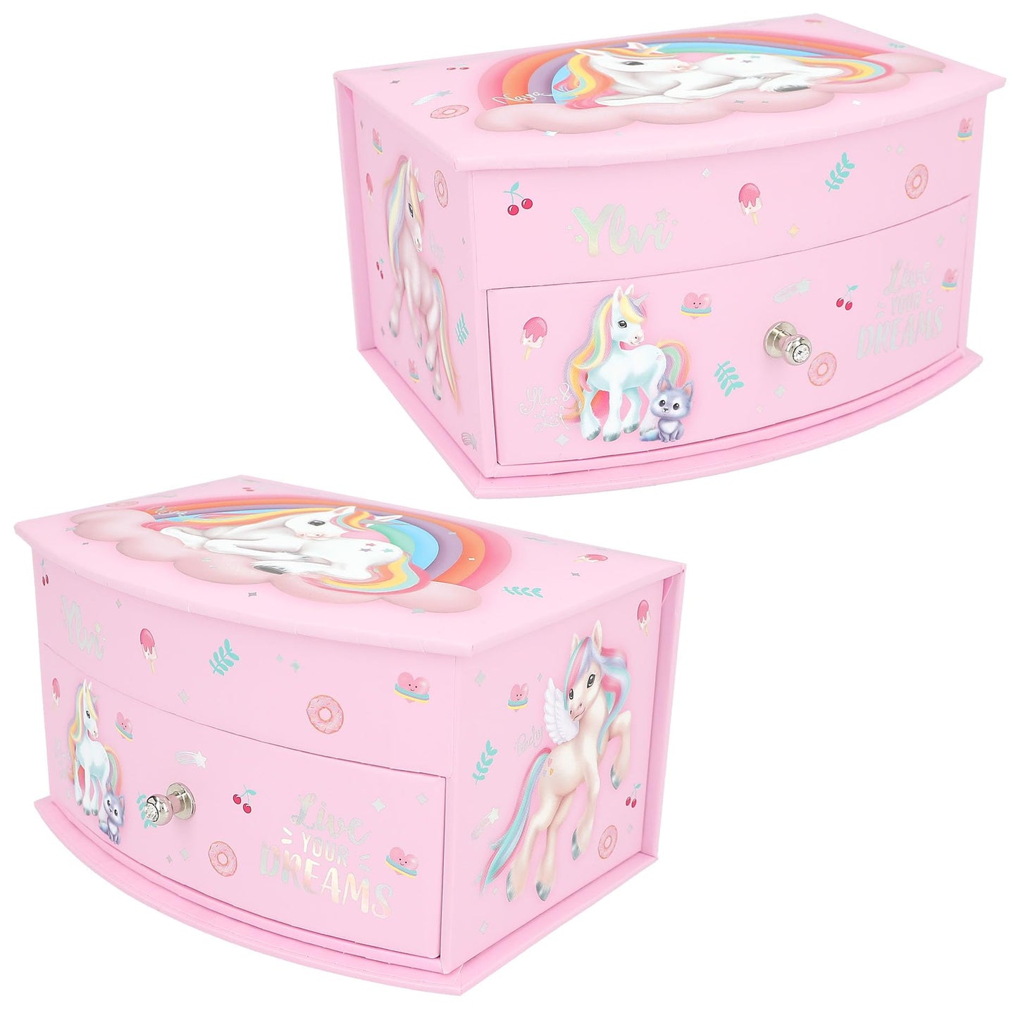 Depesche 13203 Ylvi - Cutie mică pentru bijuterii roz, cu motiv de unicorn și model, cutie de bijuterii cu capac pliabil și oglindă