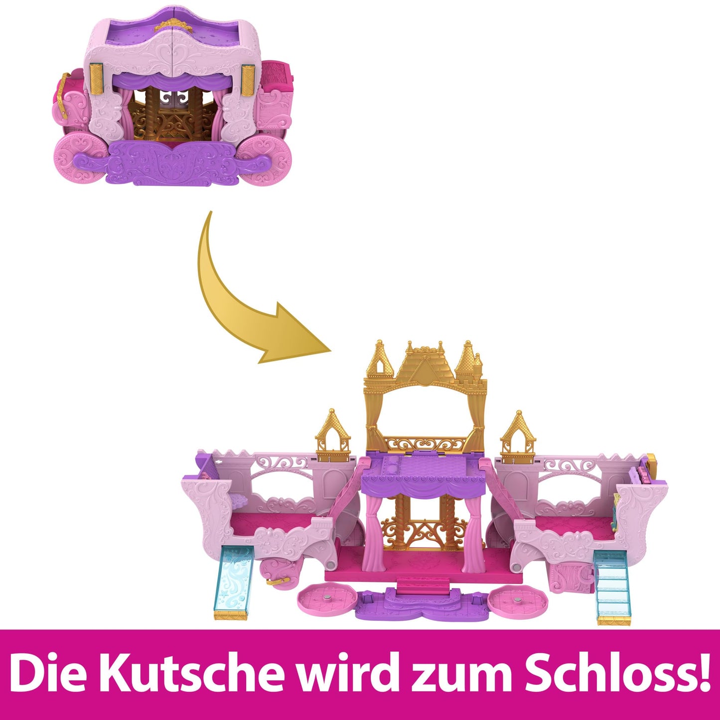 Set de joacă Mattel Disney Prințesă cu trăsură către castel, păpușă Aurora, 3 niveluri, 6 zone de joacă, 4 figurine, mobilier și accesorii HWX17