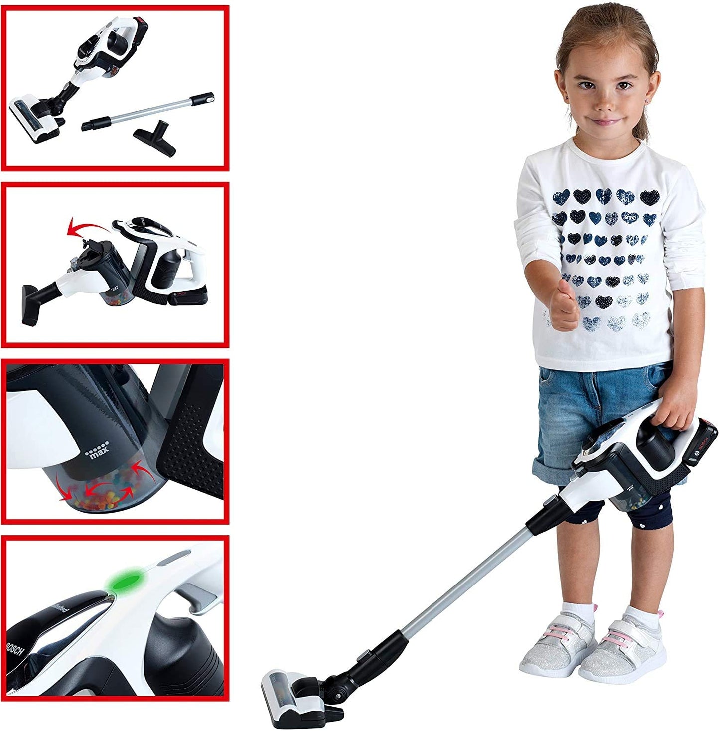 Aspirator Bosch Theo Klein 6812 | Aspirator cu funcție de aspirație și sunet | Duza de podea rotativă și detașabilă | Dimensiuni: 16cm x 16cm x 80cm | Jucărie pentru copii de la 3 ani