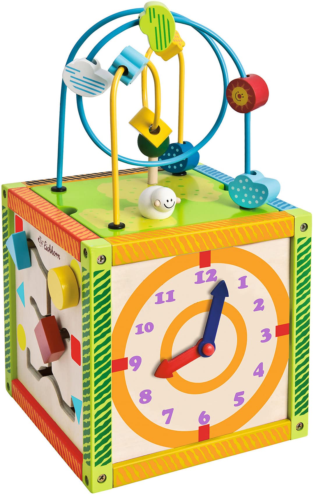 EichJucarie dexteritate, ceas, jocuri de motricitate și 5 blocuri de construcție, pentru copii de la 1 an, dimensiuni: 20x20x36 cm