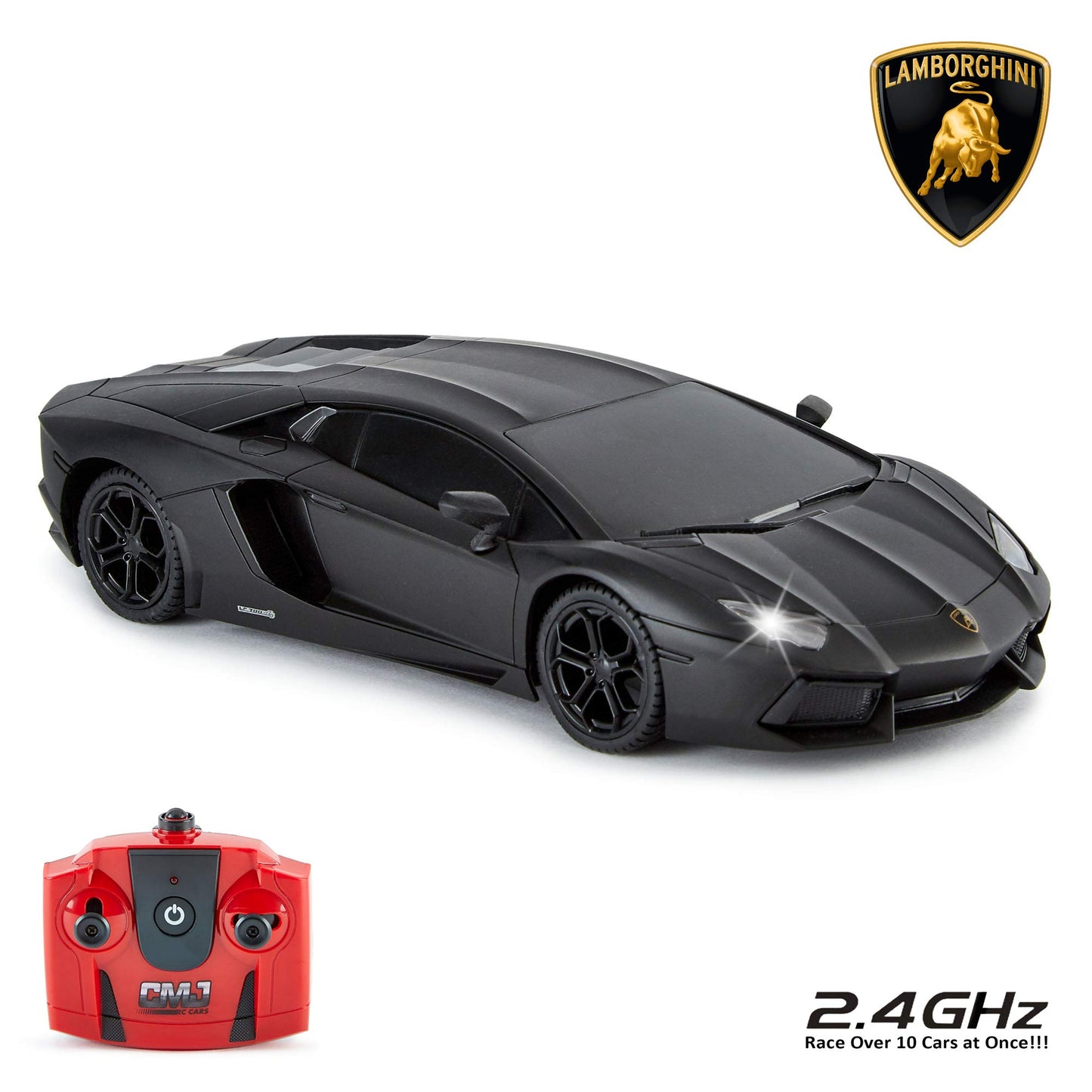 Mașină RC CMJ Lamborghini Aventador cu faruri funcționale, control de la distanță, scară 1:24, 2,4 GHz, jucărie excelentă (Negru)