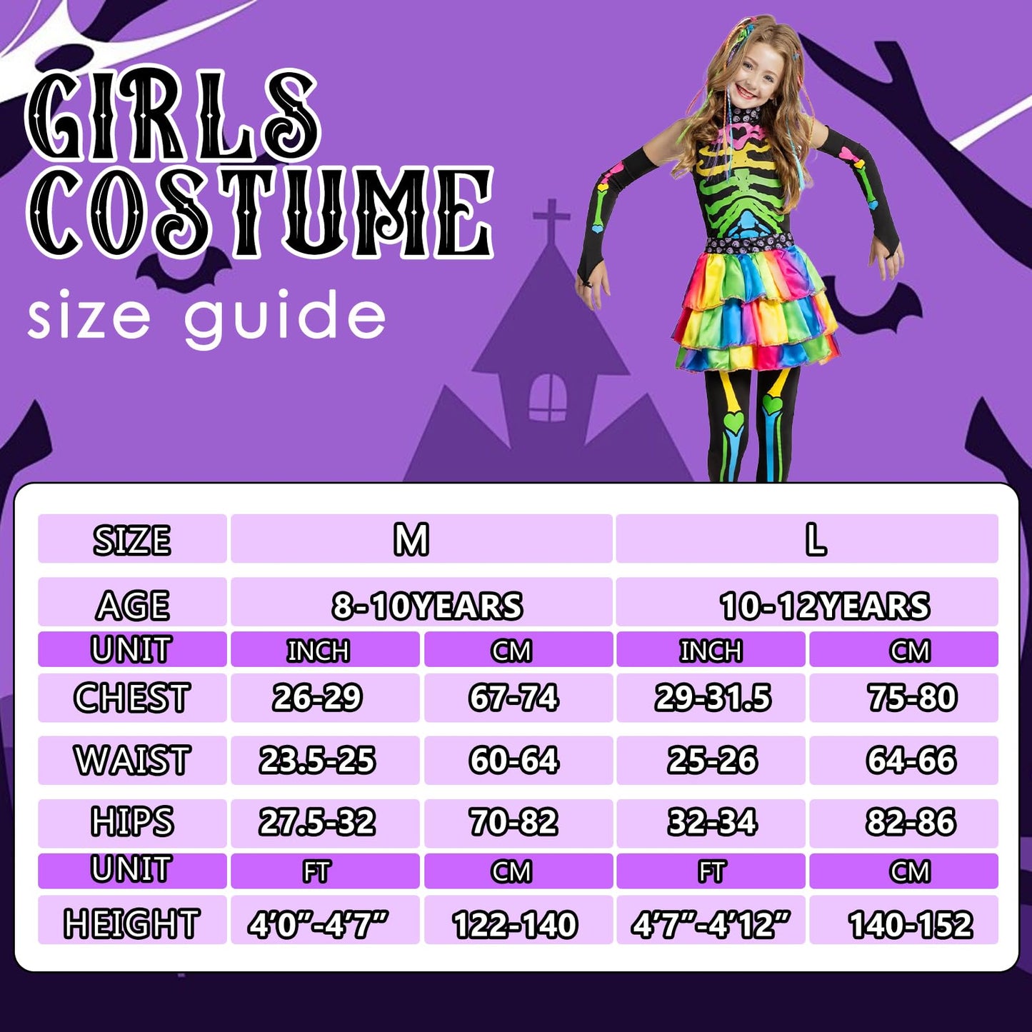 Ntwdby Costum Schelet Colorat fete, Halloween