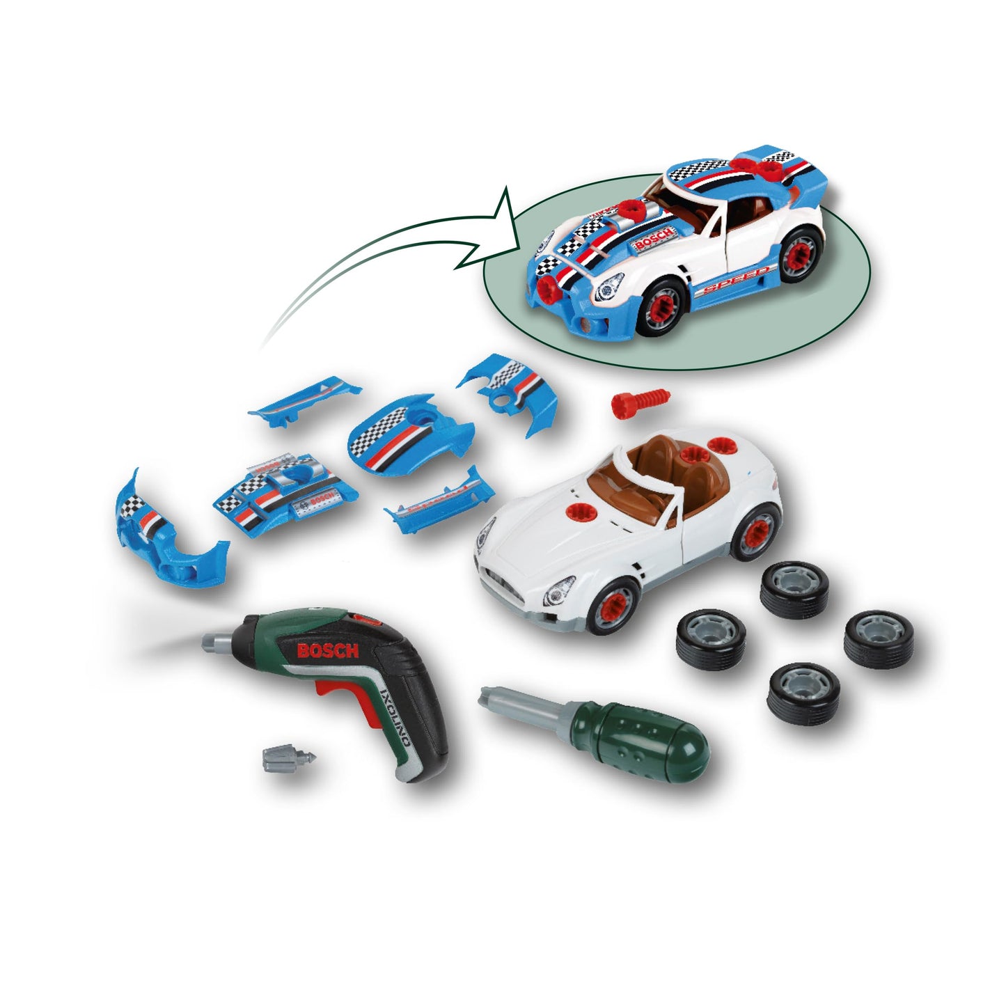 Theo Klein 8630 Set de Tuning Auto Bosch | Mașină demontabilă cu accesorii de tuning | Cu șurubelniță cu acumulator | Dimensiuni ambalaj: 30cm x 6,5cm x 25cm | Jucărie motrică | Jucărie pentru copii de la 3 ani