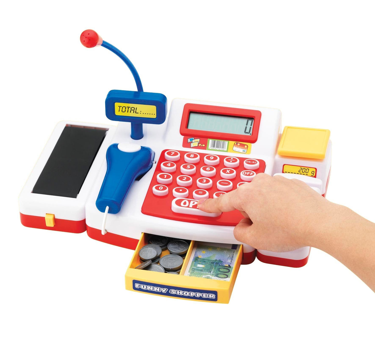 Simba 104525700 - Casă de marcat cu scanner, calculator, bandă de rulare, cititor de carduri, alimente, 16 monede, 13 bancnote, 36 luni - 8 ani