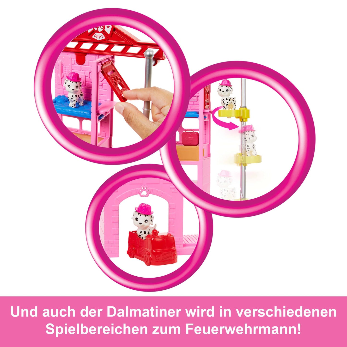 Păpușa Barbie - Carieră Pompier cu Set de Joacă: Stație de Pompieri, Copac, 2 Animale, Efect de Schimbare a Culorii și Peste 10 Accesorii, Inclusiv Extinctor cu Funcție de Stropire, Cod HRG55