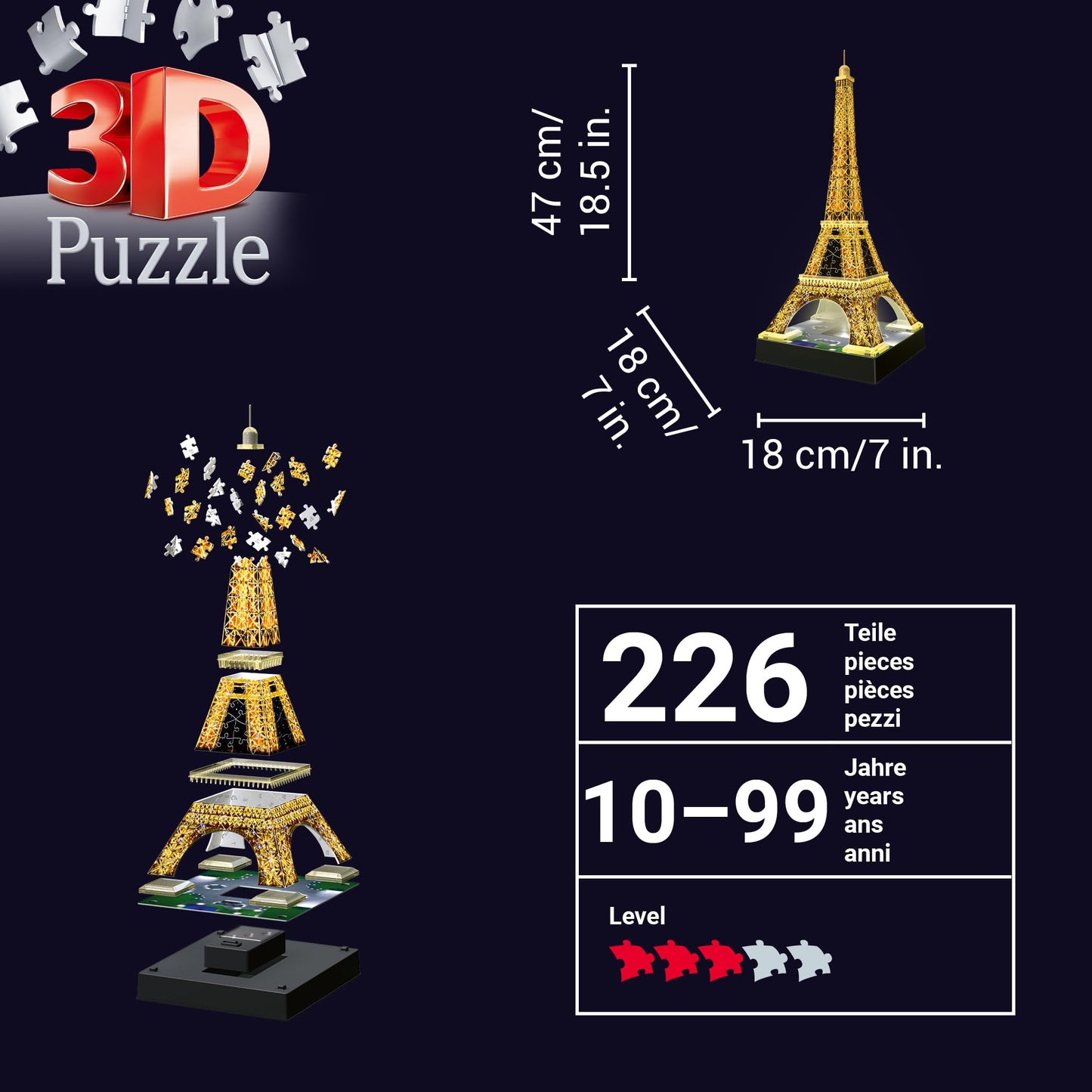 Puzzle 3D Ravensburger 12579 - Turnul Eiffel Night Edition - Model 3D iluminat cu LED, de construit - Recomandat de la 10 ani