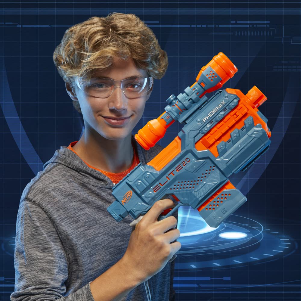 Blaster Nerf Elite 2.0 Phoenix CS-6 cu motor, 12 săgeți Nerf, lunetă, magazie cu clip, opțiuni de extindere