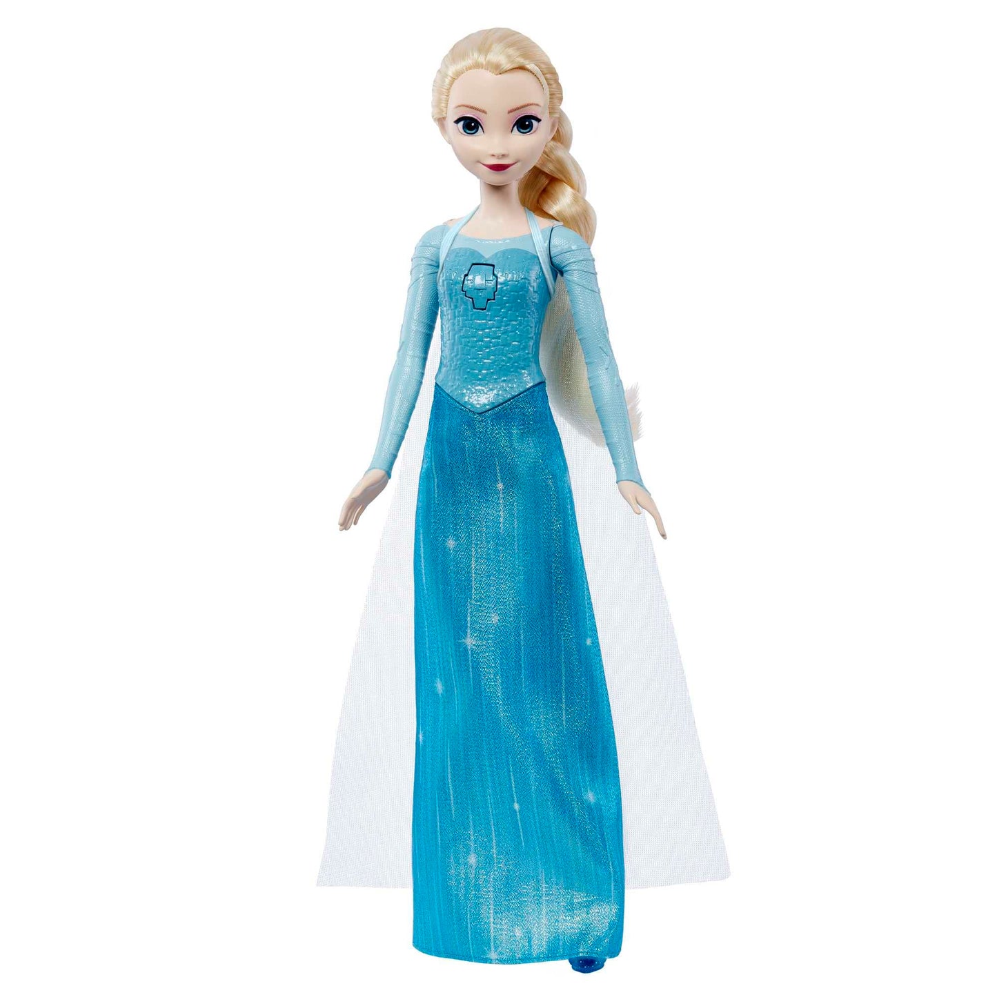 Jucărie Mattel Disney Frozen - Păpușa Elsa cântătoare, îmbrăcată în stilul caracteristic, cântă „Lass jetzt los” din filmul Disney „Frozen”, cadou pentru copii, versiunea germană HMG32