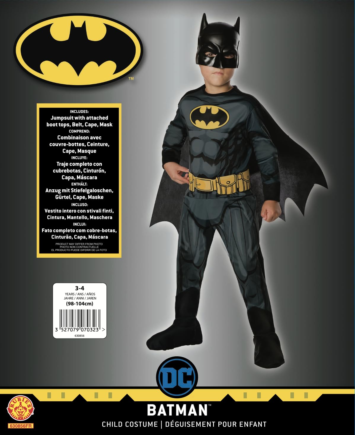 Costum Batman Rubie's I-630856S pentru băieți, clasic, 3-4 ani, 98-104 cm
