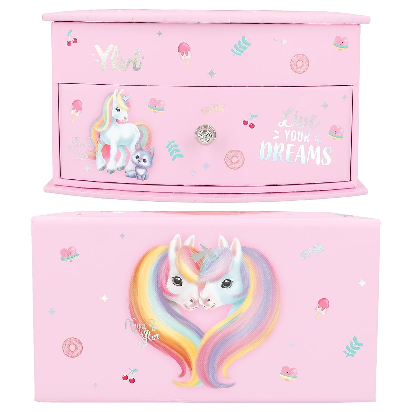 Depesche 13203 Ylvi - Cutie mică pentru bijuterii roz, cu motiv de unicorn și model, cutie de bijuterii cu capac pliabil și oglindă