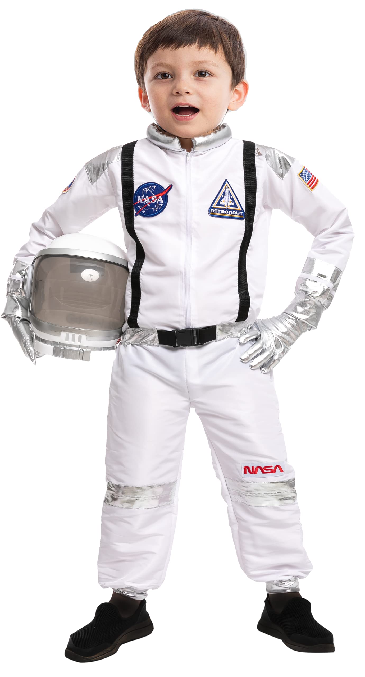 Costum Astronaut Halloween cu Dungi Argintii pentru copii, Marime 3-4 ani - Jumpsuit Pilot cu Casca