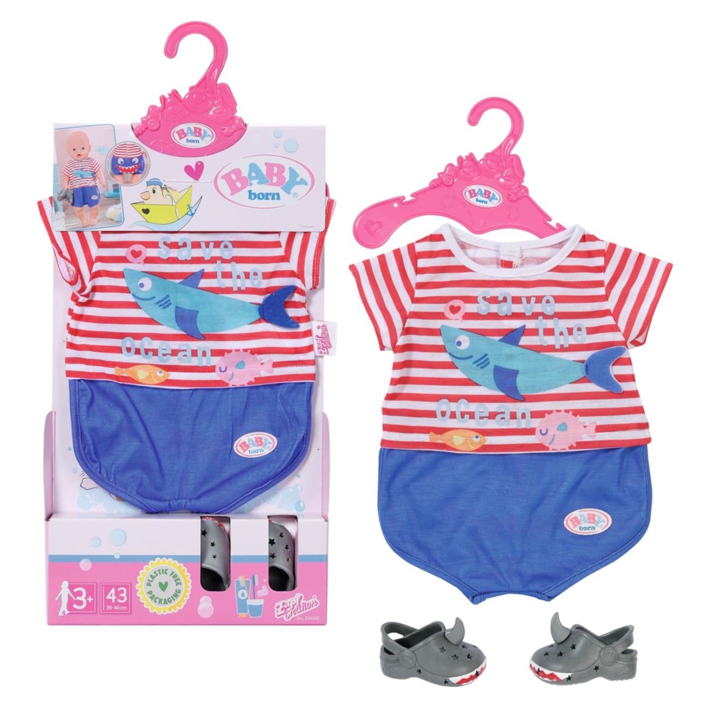 Pijamale de baie BABY born cu saboți, costum întreg în design de marinar pentru păpuși de 43 cm, 834268 Zapf Creation