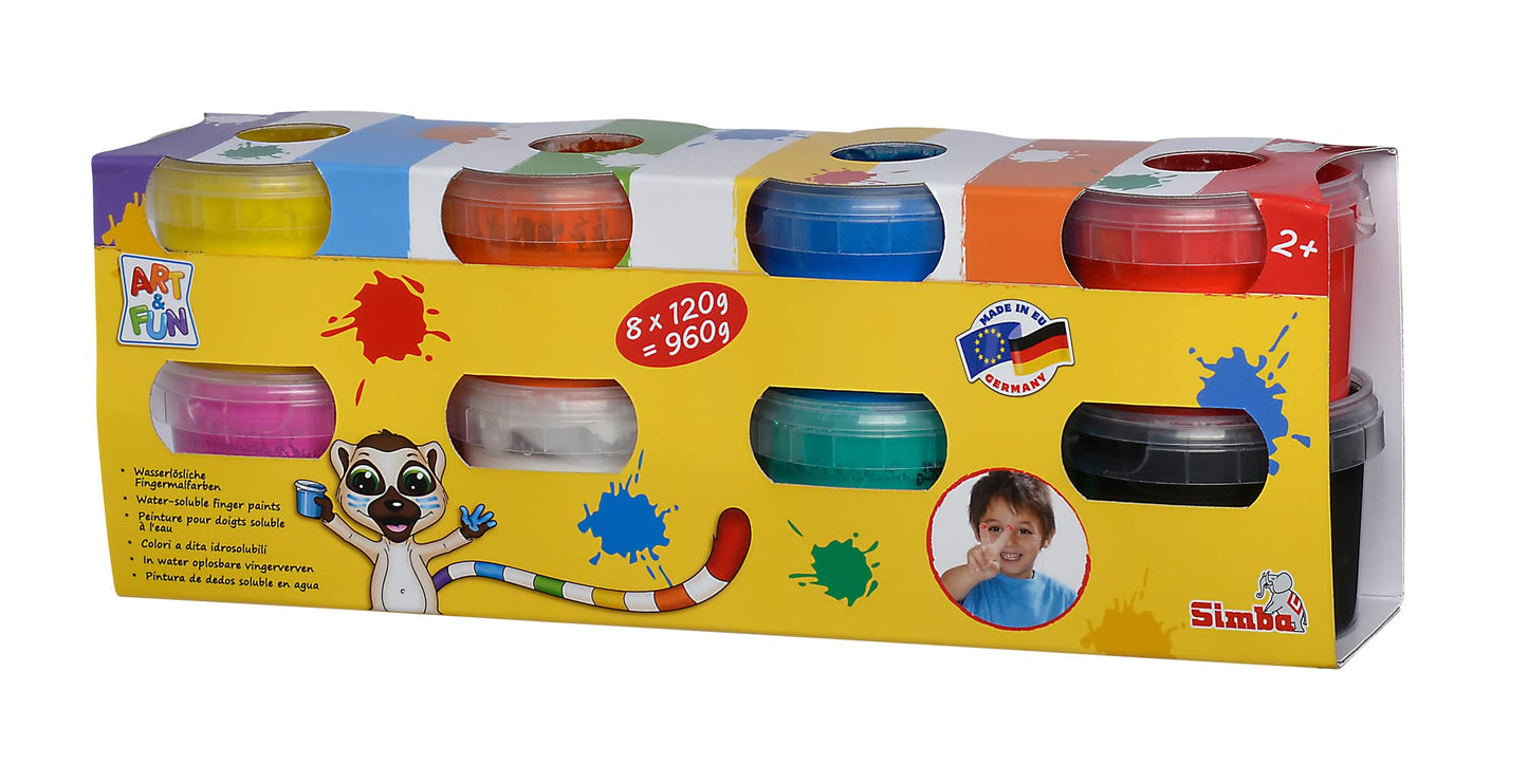 Simba 106334439 - Art & Fun Vopsea pentru degete, 8x 120g, culori: alb, albastru, verde, portocaliu, negru, roșu, roz, galben, recomandat de la 2 ani