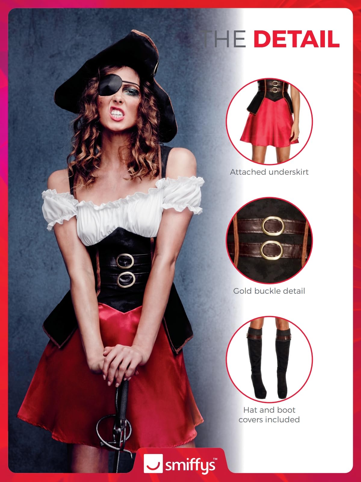 Costum de Pirat Smiffys Fever, cu Rochie, Poale Integrate, Pălărie și Cizme Acoperitoare