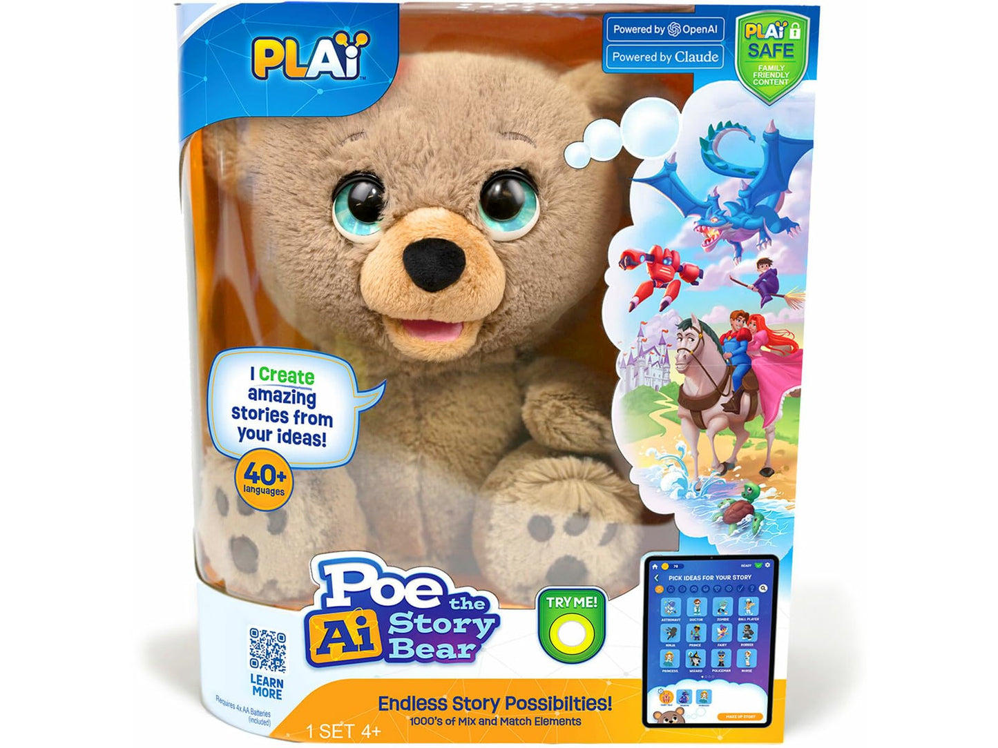 PLAYi – PoE ursul cu inteligență artificială, creează povești cu o aplicație și mișcă gura la numărat cu tehnologia ChatGPT, potrivit pentru copii, 60 de minute de memorie.