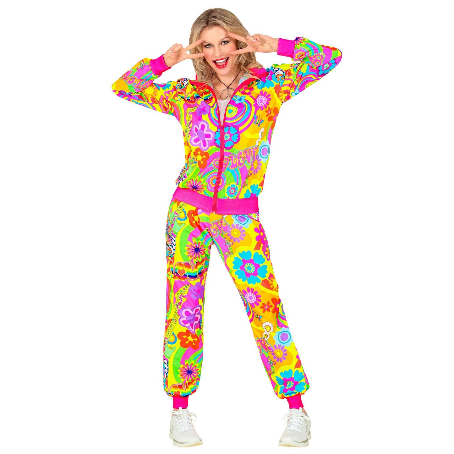 W WIDMANN MILANO Fashion de Petrecere - Costum Trainingsanzug, Hippie Peace & Love, Neon, Flower Power, Outfit din Anii '80, Jogginganzug, Costum de Carnaval