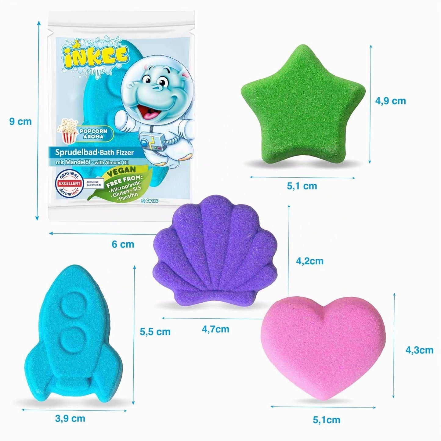 INKEE Bath Fizzer Mix Set de baie cu 4 bombe efervescente pentru copii cu ulei de migdale, 4x 20g cu arome, 4 culori, mirosuri și forme diferite