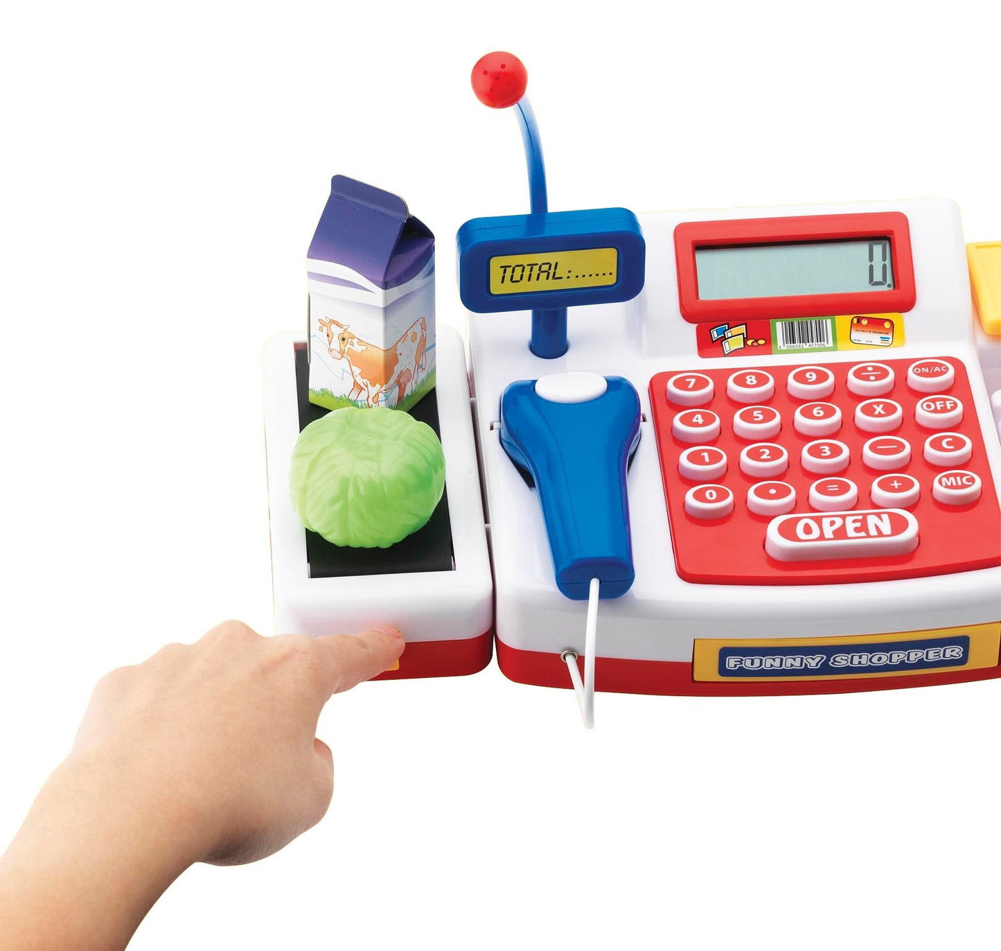 Simba 104525700 - Casă de marcat cu scanner, calculator, bandă de rulare, cititor de carduri, alimente, 16 monede, 13 bancnote, 36 luni - 8 ani