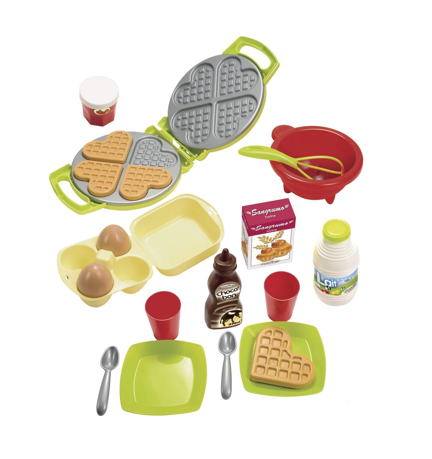 Set de Waffle Ecoiffier 22 piese cu alimente de jucărie, accesorii ideale pentru bucătării de joacă, aparat de făcut waffles, pentru copii de la 18 luni, verde