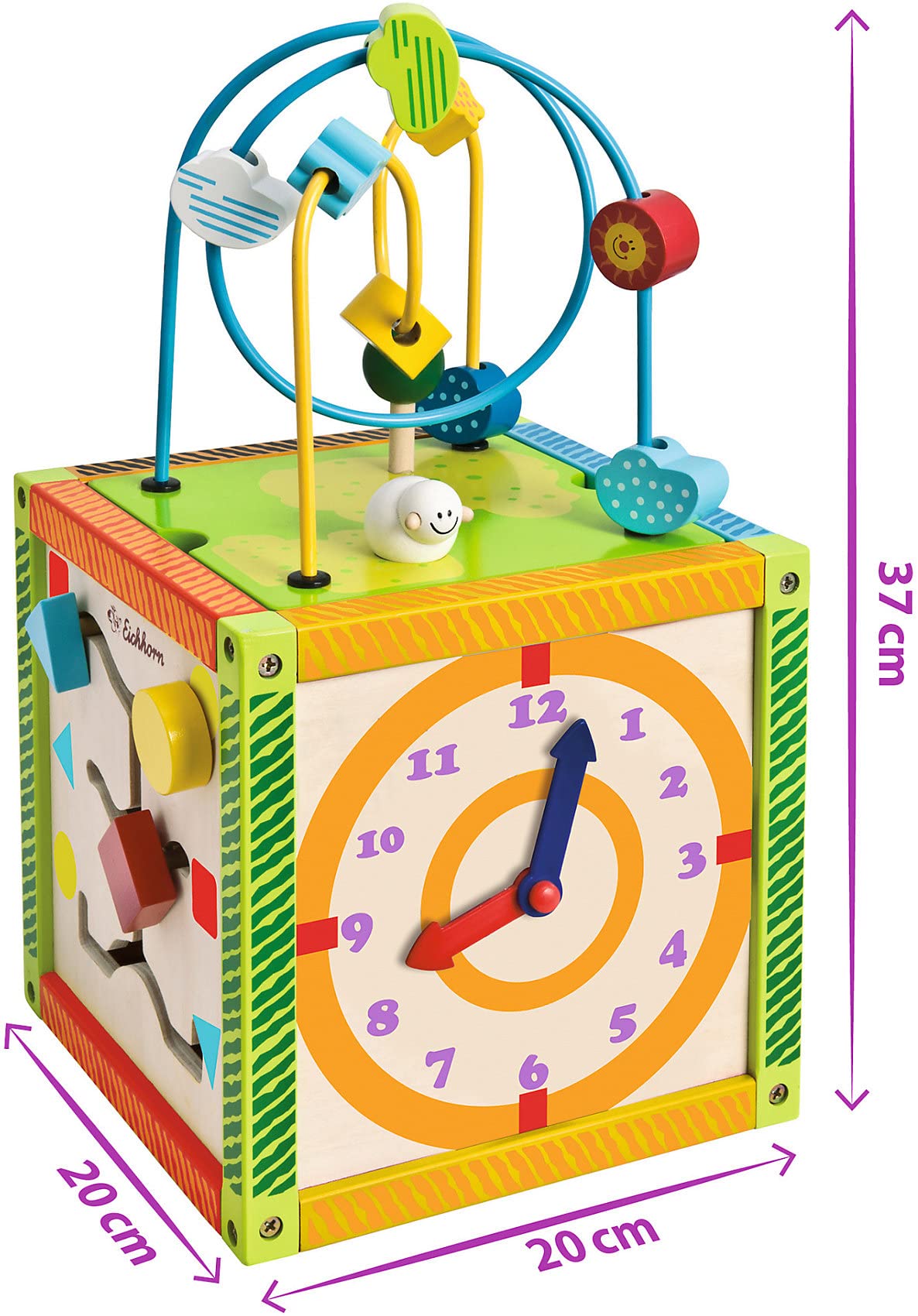 EichJucarie dexteritate, ceas, jocuri de motricitate și 5 blocuri de construcție, pentru copii de la 1 an, dimensiuni: 20x20x36 cm