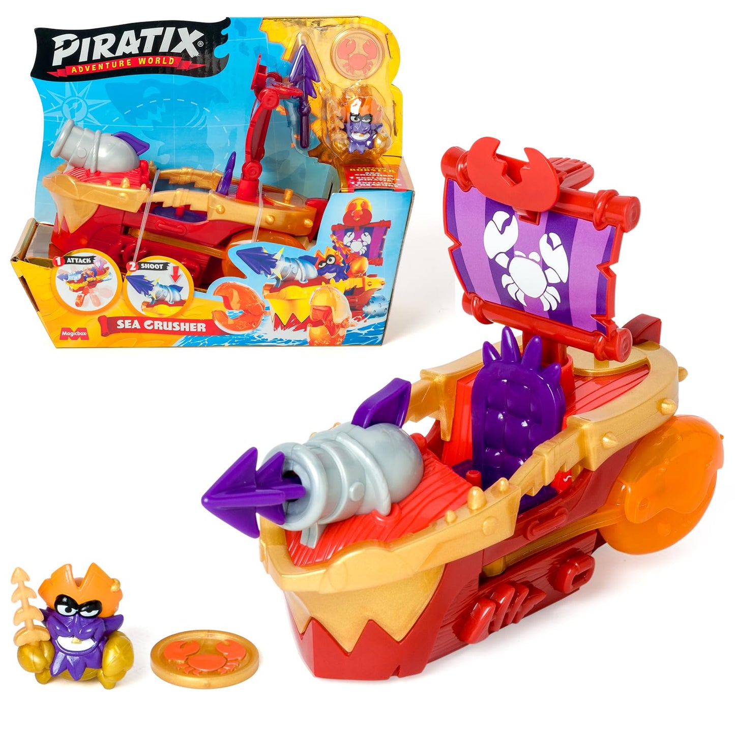 LUMEA AVENTURILOR PIRATIX - Distrugătorul Mării – Barcă Pirat în Formă de Crab. Include 1 Barcă Pirat, 1 Piratix Exclusiv, 1 Comoară Exclusivă, 1 Accesoriu, 1 Tun și 1 Proiectil.