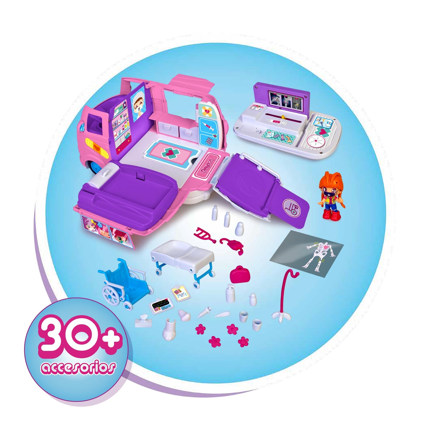 Pinypon - Ambulanță cu sirene, aparat de radiografie și accesorii medicale, inclusiv figurina șoferului, Famosa (PNY36000)