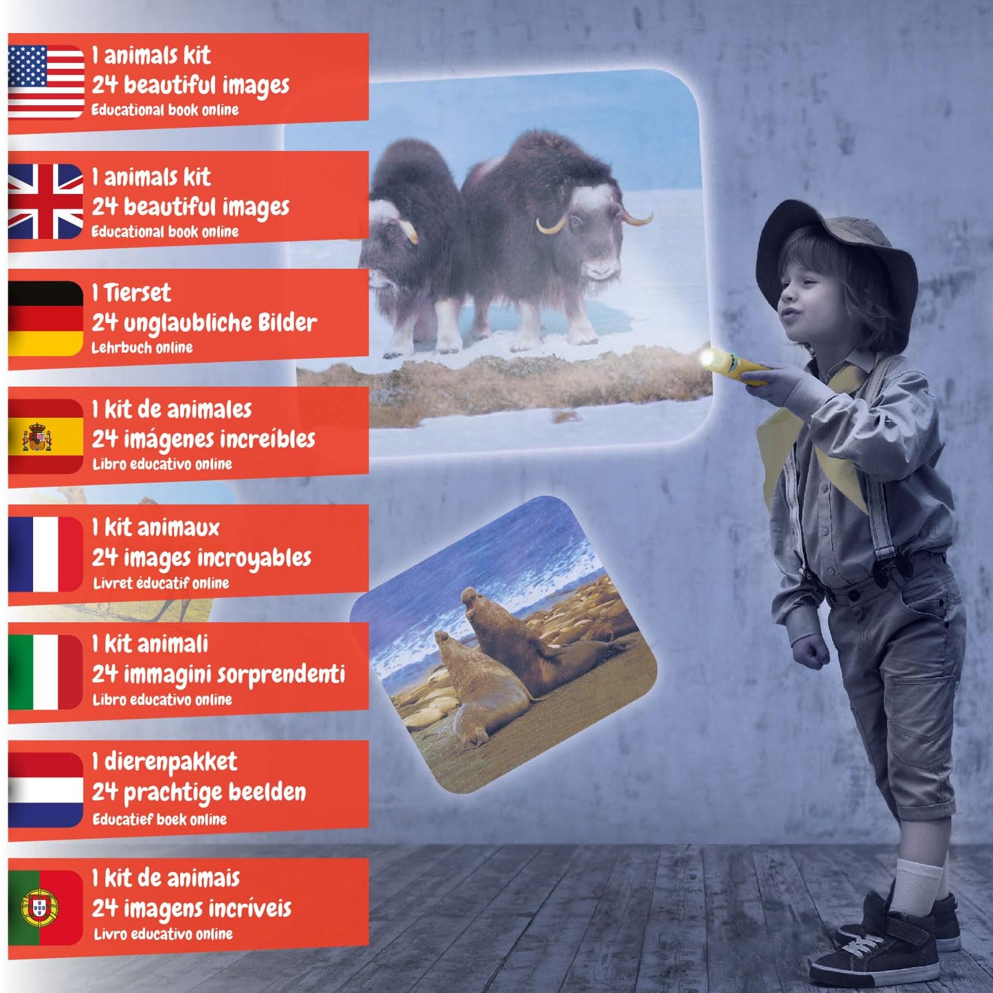 Lampa Proiector cu Animale Science4you pentru Copii de 4+ Ani - Jucărie Educațională cu 24 de Imagini și Poster cu Animale - Cadou Științific pentru Copii