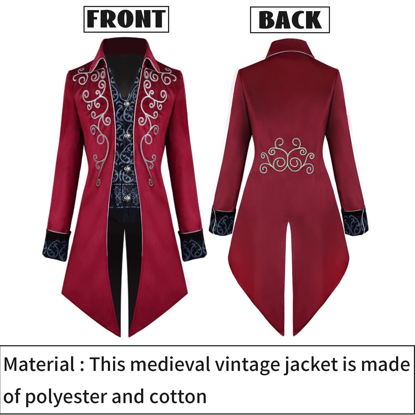 Mantou Steampunk pentru bărbați TTOKGZG, Frack vintage gotic victorian, costum medieval de renaștere pentru cosplay de Halloween (Roșu, M)