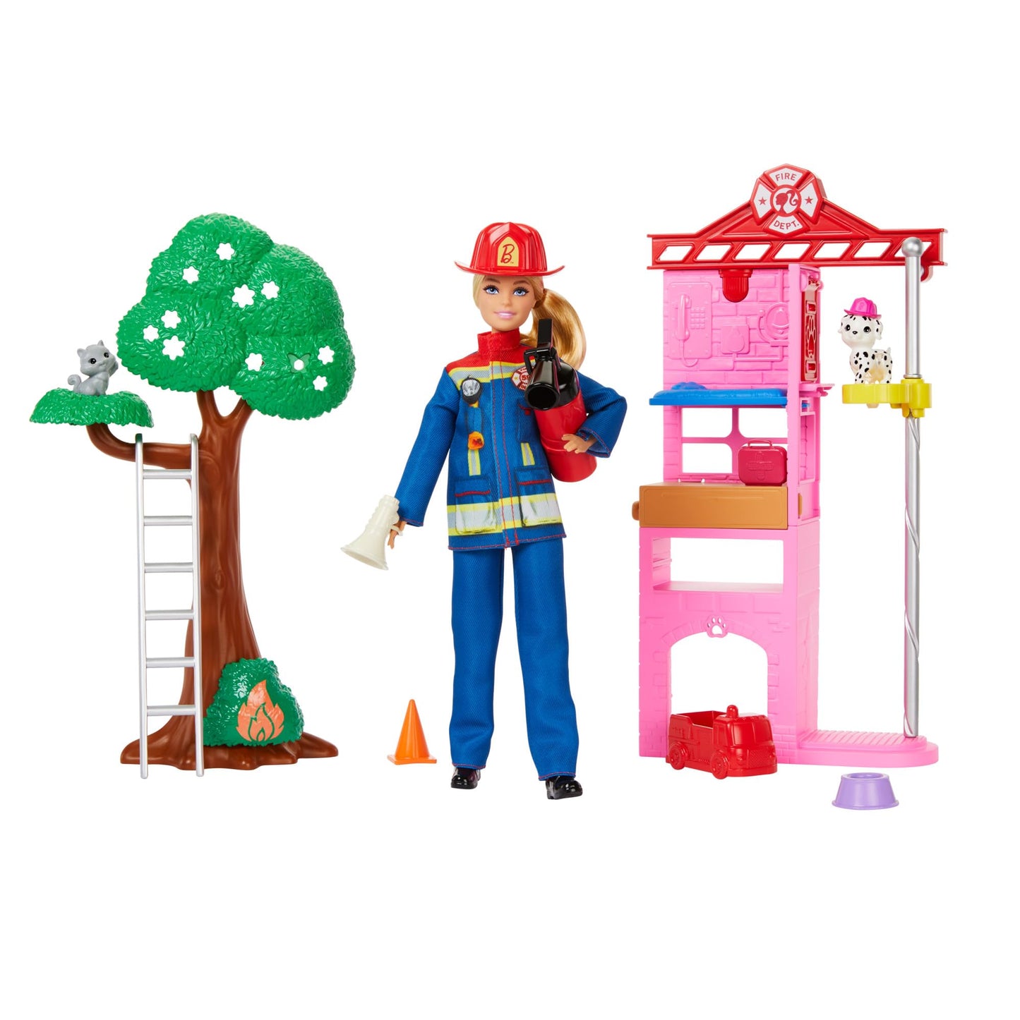 Păpușa Barbie - Carieră Pompier cu Set de Joacă: Stație de Pompieri, Copac, 2 Animale, Efect de Schimbare a Culorii și Peste 10 Accesorii, Inclusiv Extinctor cu Funcție de Stropire, Cod HRG55