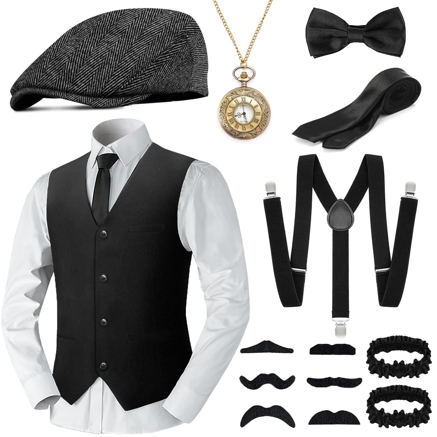 Accesorii pentru bărbați din anii '20, costum de mafie pentru carnaval, costum Peaky Blinders, accesorii anii '20, costum de carnaval pentru bărbați, set costum cu bretele (negru-2, XL)