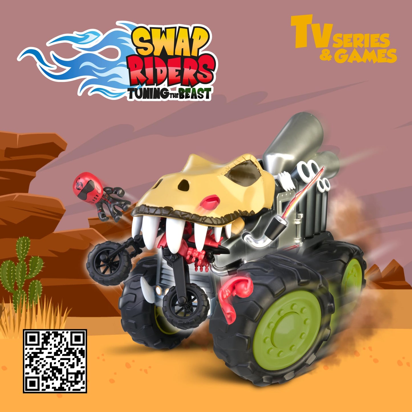 Swap Riders - Camion KRONO REX, Monster Truck, vehicul de curse, tematică dinosaur T-Rex, 1 figură exclusivă Rider, fichițe interschimbabile, pentru băieți și fete + 4 ani, Famosa (WAP00000)