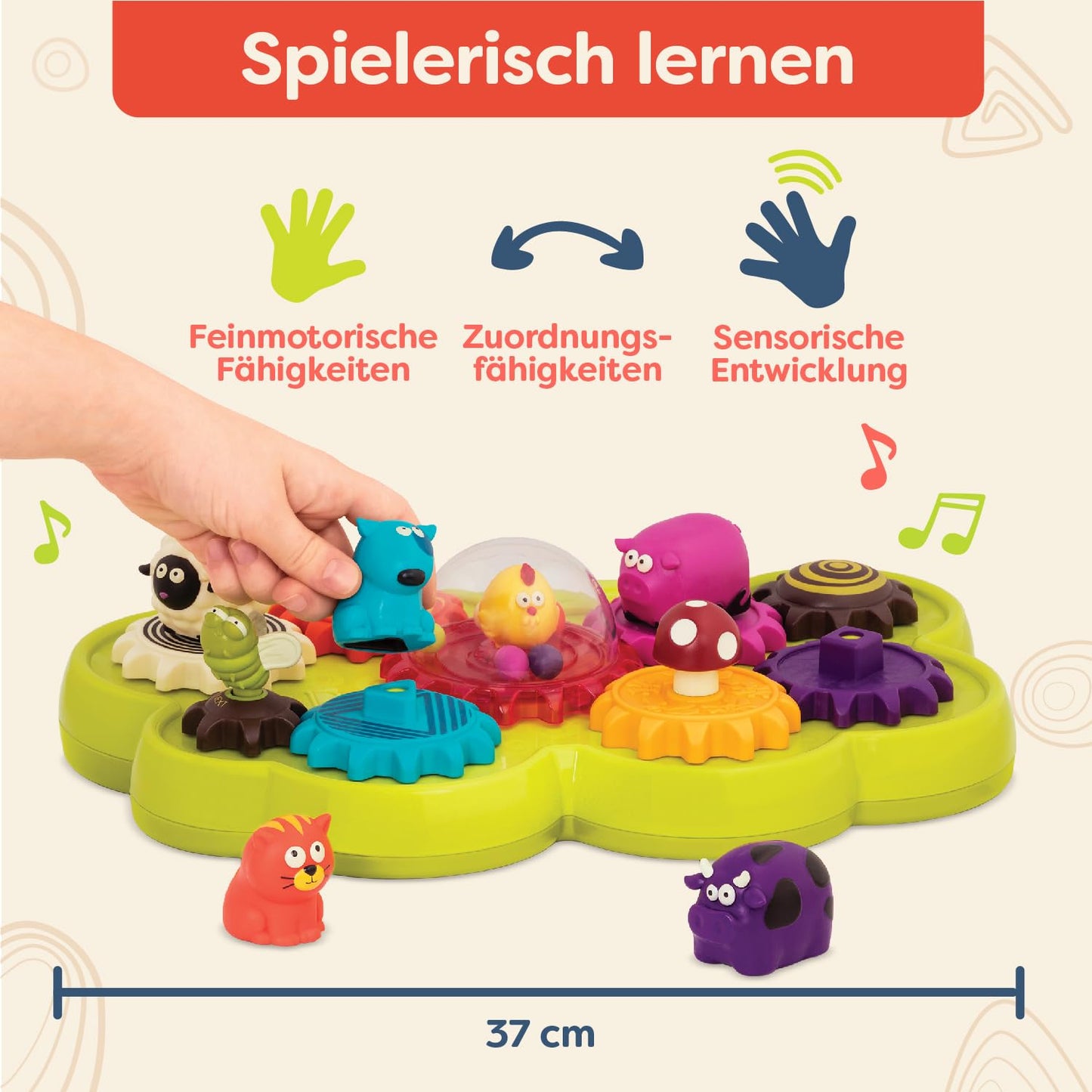 B. toys Joc de montaj cu roți dințate, animale de fermă, lumini și muzică – Jucărie pentru dezvoltarea motricității, jucărie educativă pentru copii și bebeluși de la 18 luni.