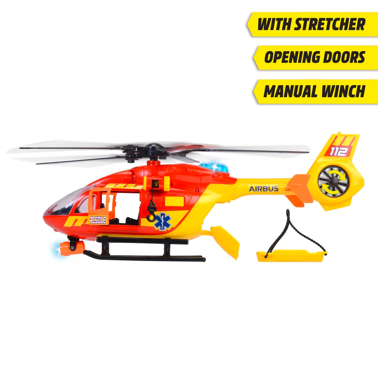 Dickie Toys - Helicopter de salvare Airbus H145 (36 cm) - Jucărie cu elicopter cu elice cu arc, lumină, sunet și accesorii - Jucărie pentru copii de la 3 ani