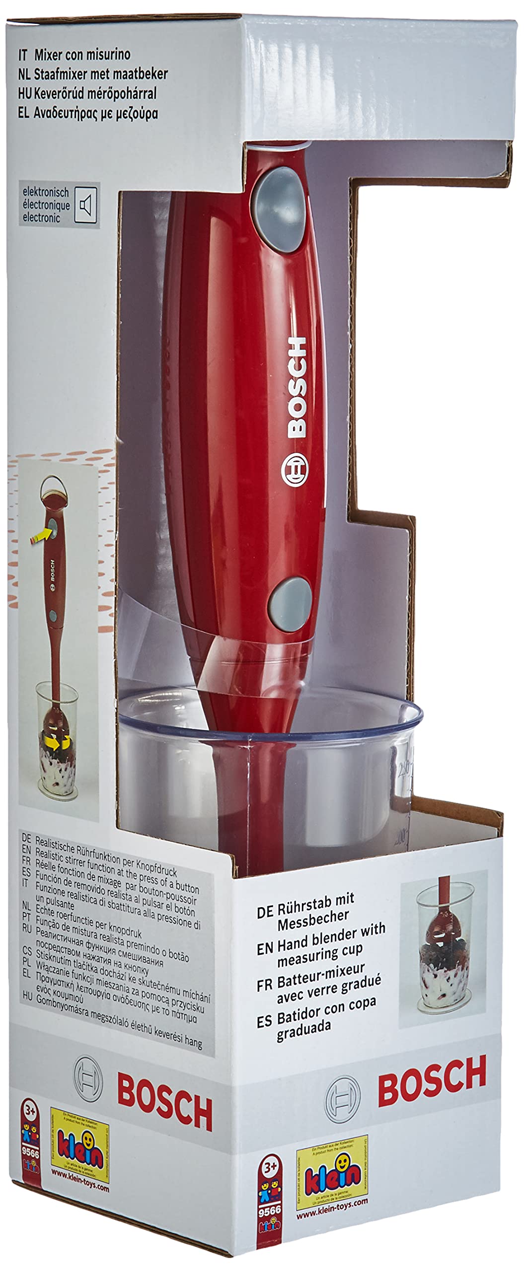 Mixer Bosch Theo Klein 9566, model sigur pentru copii, cu lame rotative simulate și cană de măsurare, dimensiuni: 4 cm x 4 cm x 25 cm, jucărie pentru copii de la 3 ani.