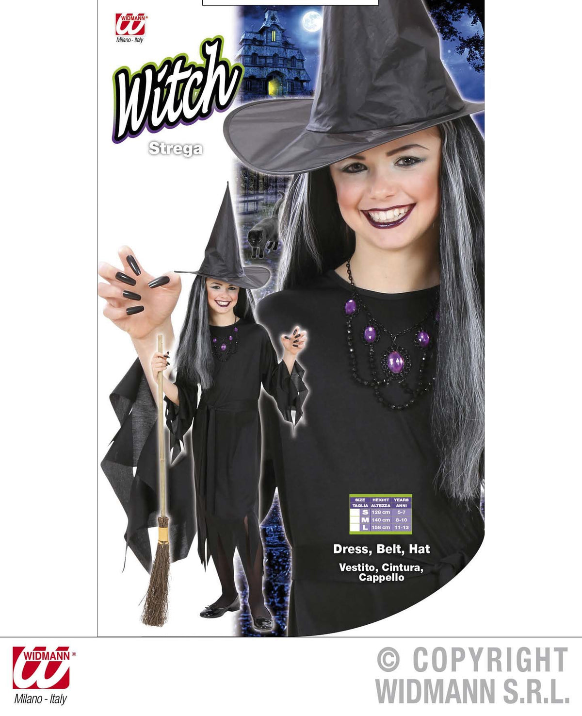 W WIDMANN Milano Party Fashion Costum de vrăjitoare rochie centură pălărie 100% poliester fete 8-10 ani (negru)
