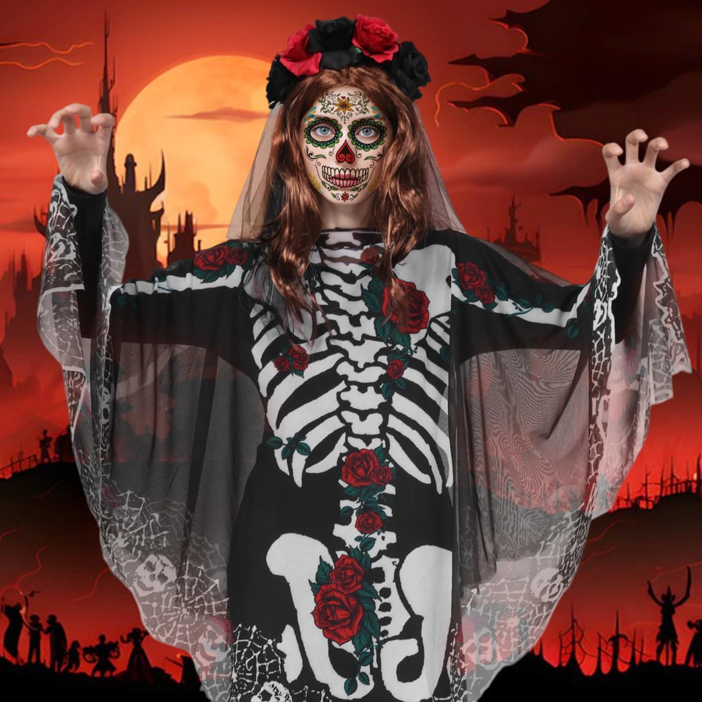 Poncho Skelett HarnyLoom pentru femei, Halloween, cu voal din dantelă, ziua morților, mantou roz și negru, accesorii goth, tatuaje pentru față, carnaval, cosplay.