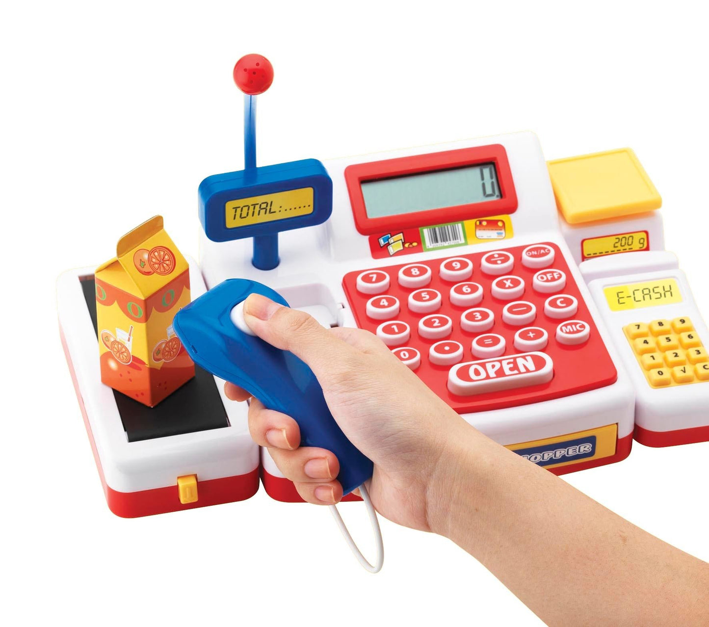 Simba 104525700 - Casă de marcat cu scanner, calculator, bandă de rulare, cititor de carduri, alimente, 16 monede, 13 bancnote, 36 luni - 8 ani