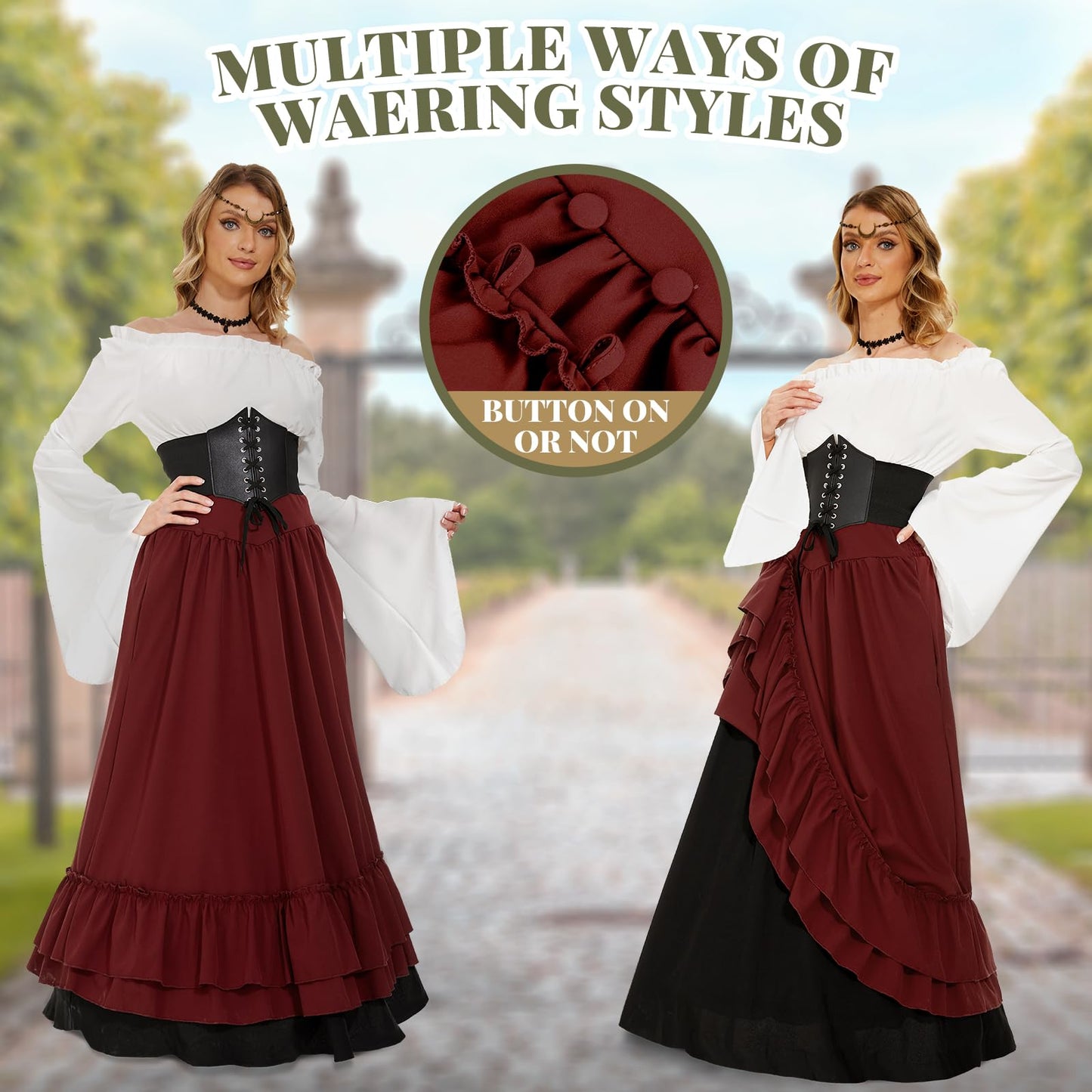Costum medieval pentru femei FORMIZON, rochie victoriană din renaștere, accesorii medievale cu mâneci evazate și talie înaltă, rochie gotică retro Halloween (roșu și negru, M)