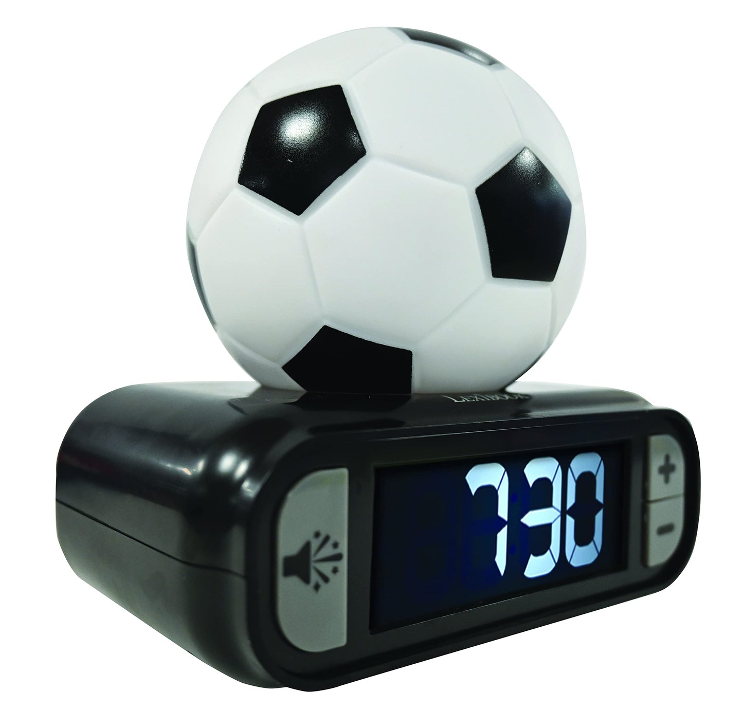 Ceas deșteptător Lexibook cu tematică fotbal, sunete și melodii, ecran LCD cu iluminare de fundal, afișaj luminos, funcție de snooze, negru/alb, model RL800FO