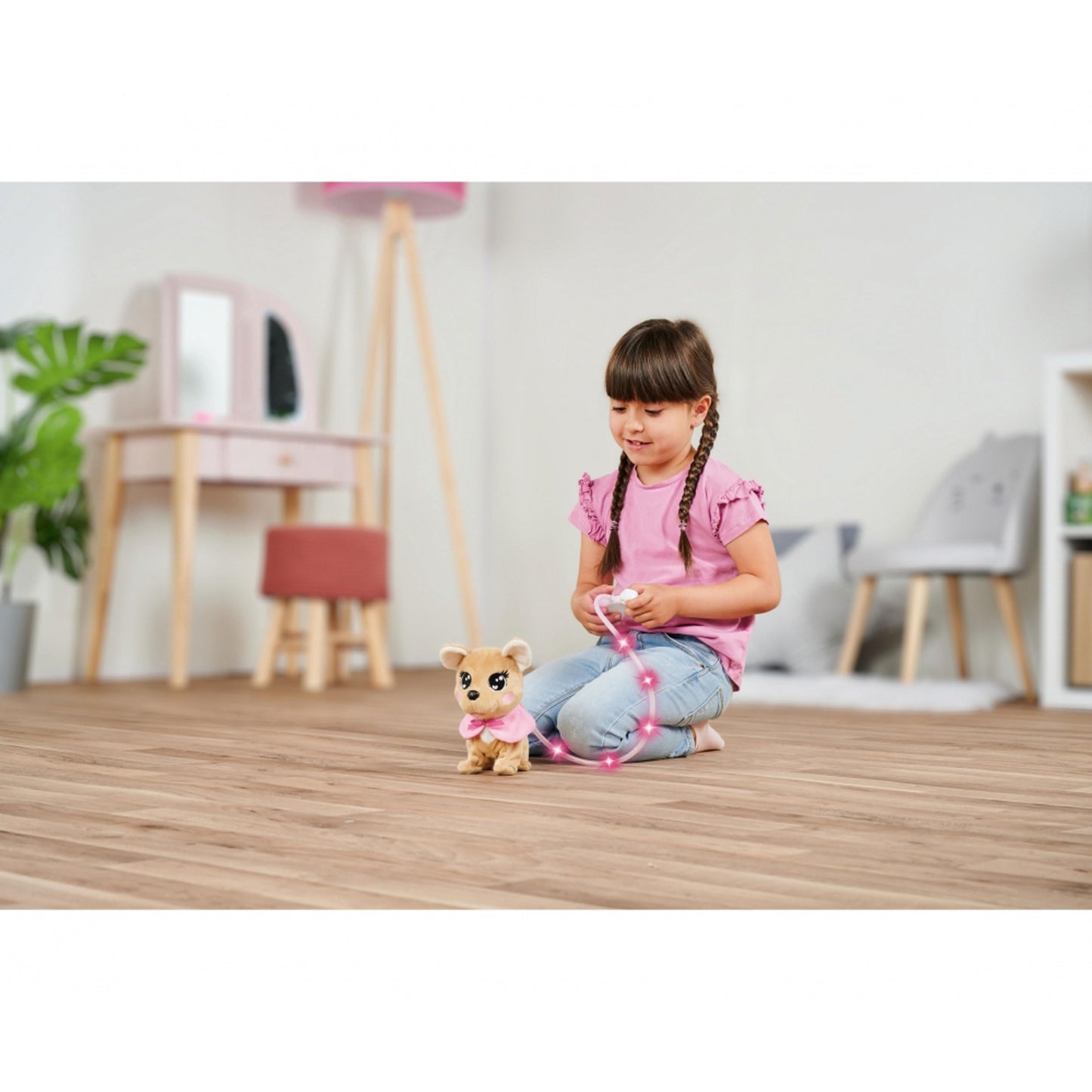 Simba 105893542 - ChiChi Love Loomy, cu control prin cablu luminos, poate să alerge, să latre și să agite coada, 20cm, pentru copii de la 3 ani, roz.