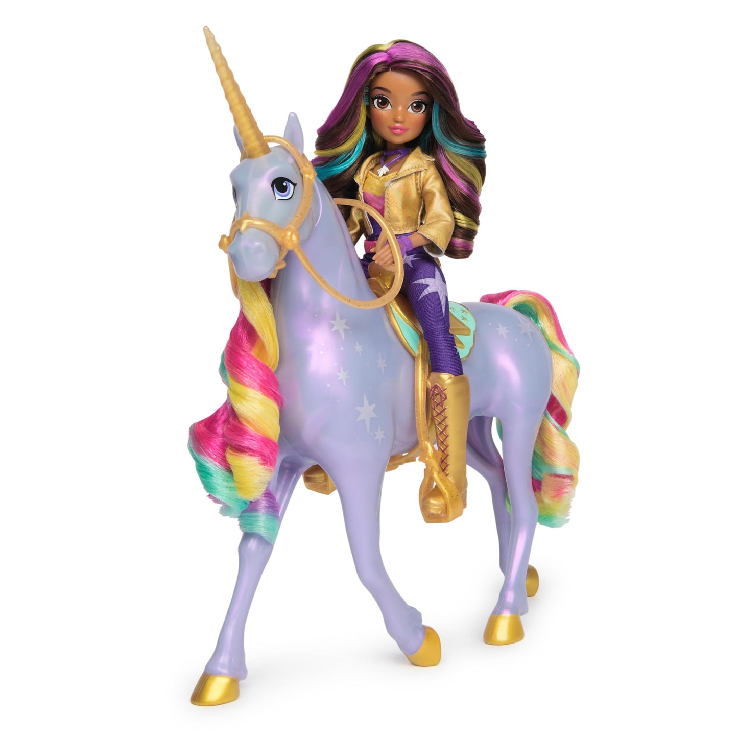 Academia Unicornilor - Sophia și Magia Luminii Wildstar - Unicorn de 28 cm cu efecte de lumină și sunet și păpușă de 24 cm complet mobilă, inspirată de seria Netflix, pentru copii de la 4 ani.